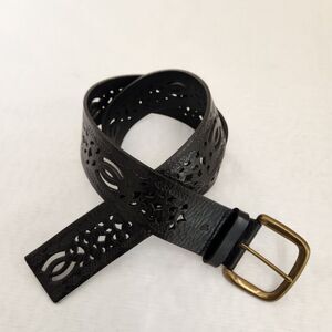RLL Belt Women's Black Embossed Open Weave Genuine Leather Y2K 90's Western Boho
